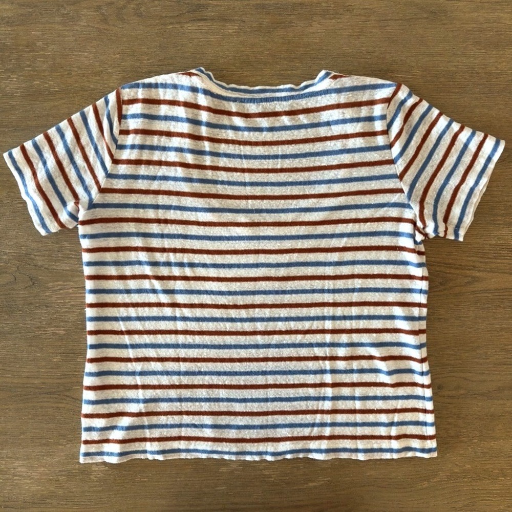 Veronica Beard Benji Striped 100% Linen Short Sleeve T-Shirt-Rust & Blue-Sz M - Picture 13 of 13